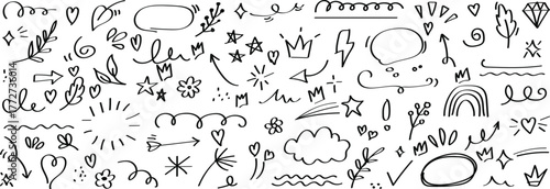 Cute doodle icon set with decorative elements charming collection of hand-drawn icons featuring arrows, clouds, crowns, sparkles, and flowers, perfect for adding a whimsical touch