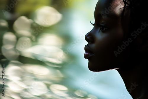 Nature Scene Featuring a Woman Posing by a Shimmering Lake with Sun-Kissed Skin and Blurred Forest Reflections in the Background.