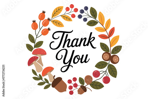 A decorative wreath with autumn elements and the words 'Thank You' written inside.