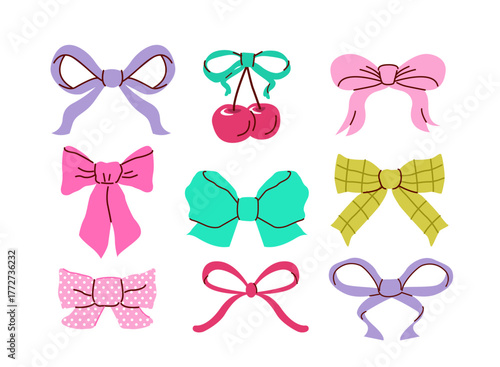 Trendy coquette ribbons, bows, lace fabric and other hair accessories set. Vintage girly aesthetic collection. Hand drawn design elements.