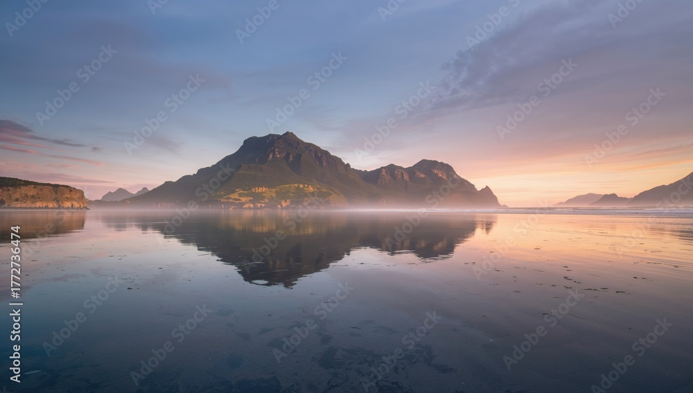 Fototapeta premium Scenic mountain reflection on water beneath a misty sky, erosion risk