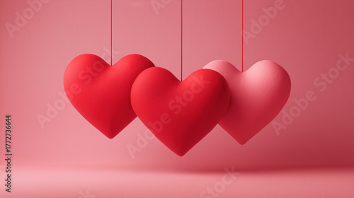 Three red hearts hanging on strings, isolated on pink background, Valentine's Day concept