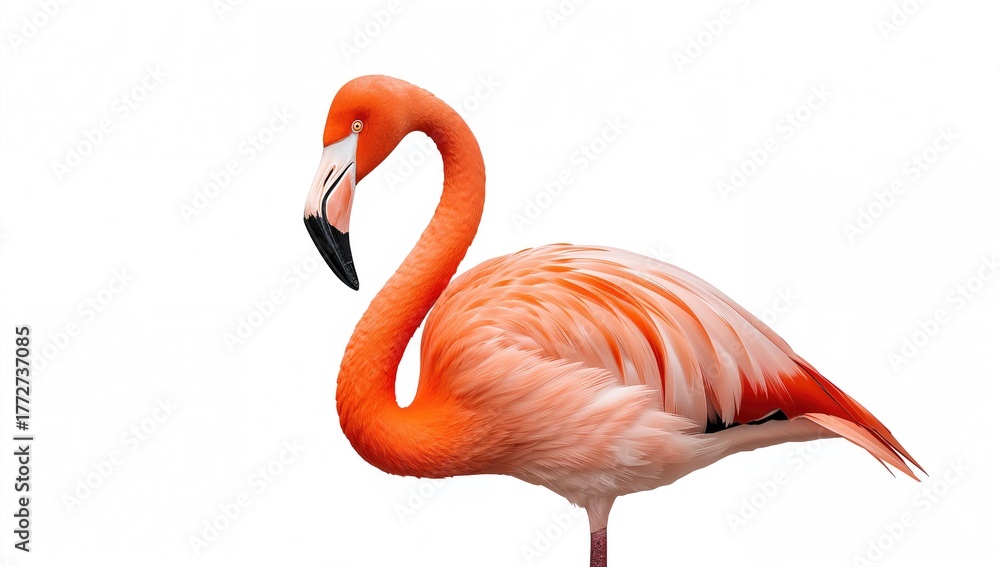 Obraz premium Flamingo bird Phoenicopteridae on a plain white backdrop, symbolizing isolation