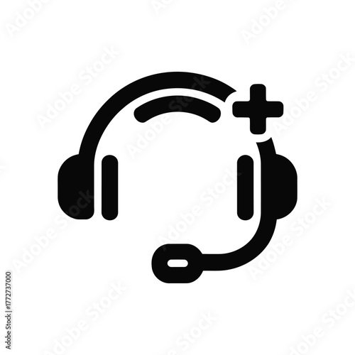 Black Customer Service Headset Icon with Plus Sign on a White Background