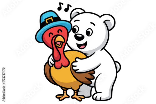 A cartoon polar bear hugs a cartoon turkey wearing a pilgrim hat.