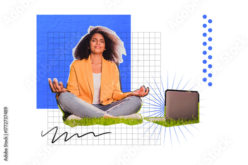 Composite trend artwork sketch image photo collage of young lady student worker sit balance meditate remote job laptop internet