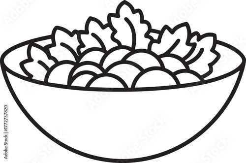 Simple Line Art Illustration of a Bowl of Salad with Lettuce and Round Ingredients