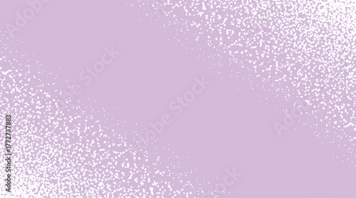 Vector illustration of white scattered dots corner frame with gradient density transition on purple background for decorative border design. Trendy grain texture