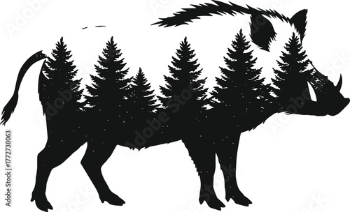 Wild boar double exposure silhouette with pine forest inside, symbolizing nature, wildlife, forest life, wilderness and environmental harmony