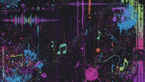 Retro style grunge music themed illustration with musical notes