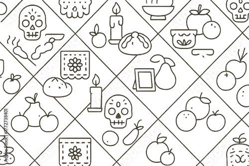 Ofrenda Essentials — Seamless Vector Icon Pattern (Candles, Pan de Muerto, Papel Picado, Skulls)