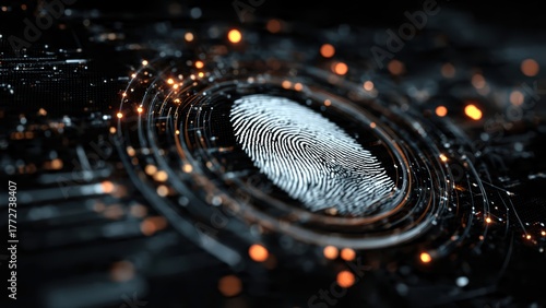 A close-up view of a digital fingerprint overlaid on a circuit board, illuminated by glowing particles, representing technology and security.