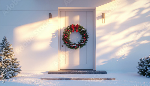 Festive Christmas wreath with red bow on modern white door, surrounded by snow and evergreen trees, creating serene winter scene