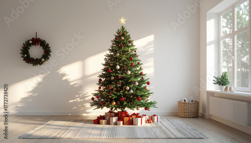 Beautifully decorated Christmas tree with gifts underneath stands in bright, cozy living room