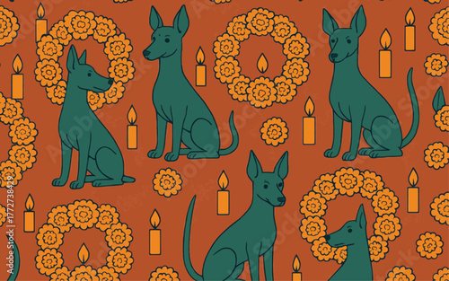 Xoloitzcuintli with Marigold Wreaths — Seamless Vector Pattern for Day of the Dead