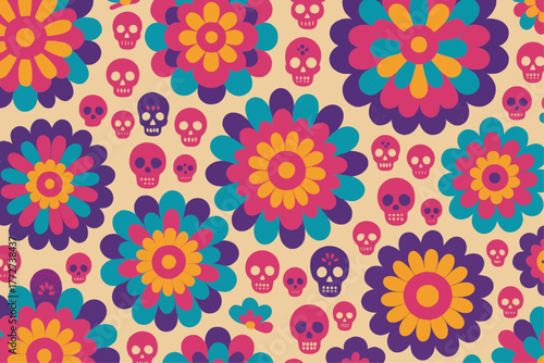 Sugar Skull Rosette Mandalas — Vibrant Seamless Vector Pattern for Day of the Dead