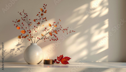 White vase with autumn branches and berries sits on table next to lit candle, casting warm shadows