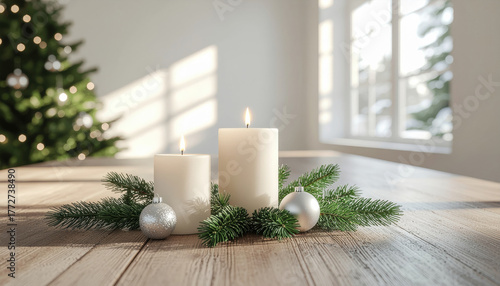 White candles and silver ornaments on wooden table with pine branches create cozy holiday atmosphere