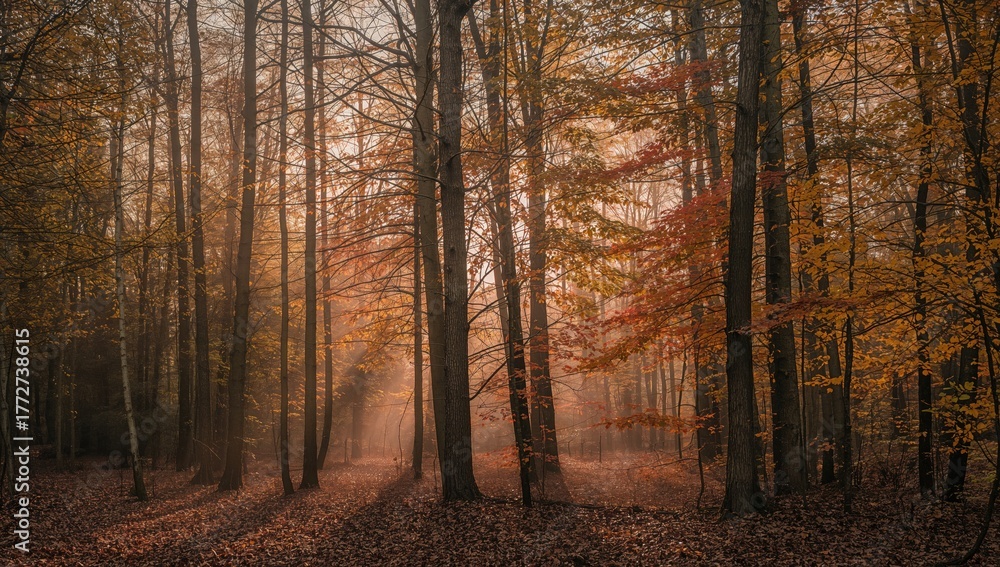 Obraz premium Autumn in a Deciduous Forest with Sunlight Filtering through Fog, Seasonal Change