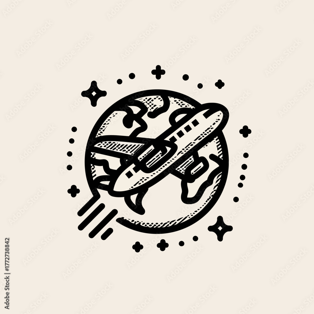 Obraz premium Hand drawn illustration of an airplane flying around the Earth globe, symbolizing global travel, world exploration, and international journey.