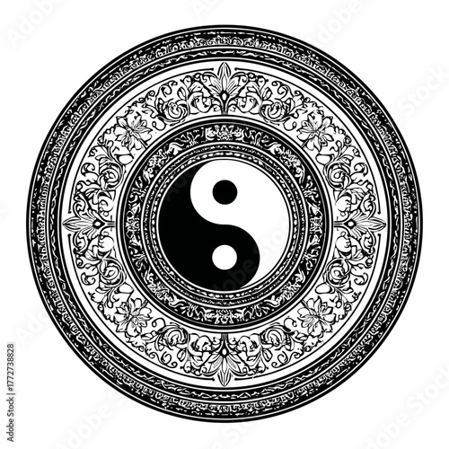 Intricate black and white Yin Yang symbol with ornate decorative mandala border. Eastern spiritual harmony and balance concept.