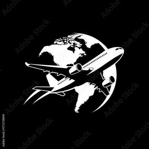 Global air travel concept with a stylized airplane flying around the world, representing international transportation and tourism.