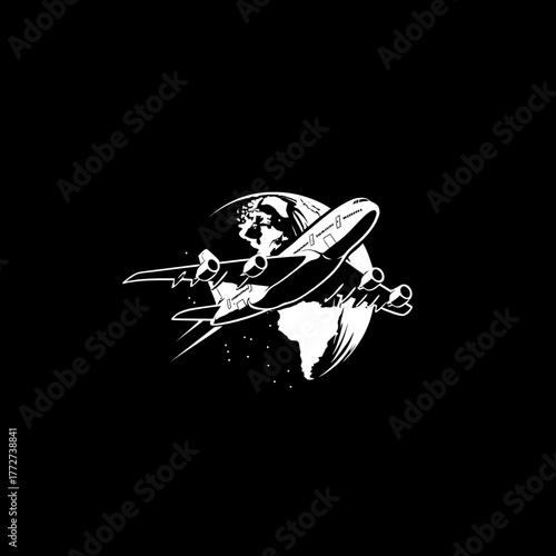 Graphic illustration of a passenger airplane flying around the planet Earth, symbolizing global travel, journey, and transportation.