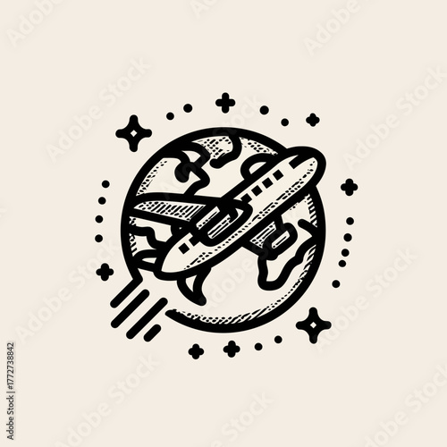 Hand drawn illustration of an airplane flying around the Earth globe, symbolizing global travel, world exploration, and international journey.