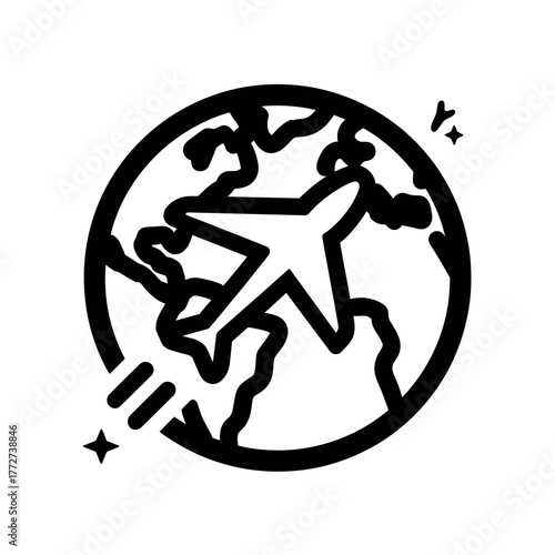 Global travel icon with airplane flying around the earth. International tourism, worldwide journey, and transportation concept.
