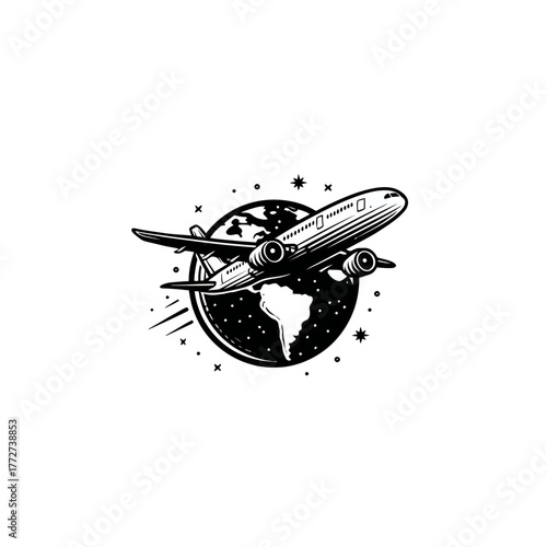 Black and white airplane flying over the world illustration, vintage style global travel, cargo transport, and aviation symbol