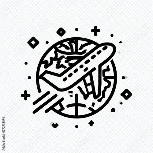 Global Travel Icon: Outline airplane flying around the world, symbolizing international journeys, flights, and worldwide adventure.