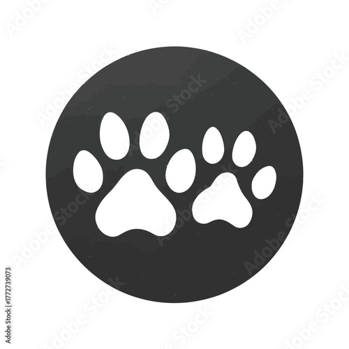 Cute animal paw prints icon in a black circle. Simple vector graphic for pet care, veterinary, or animal rescue designs.