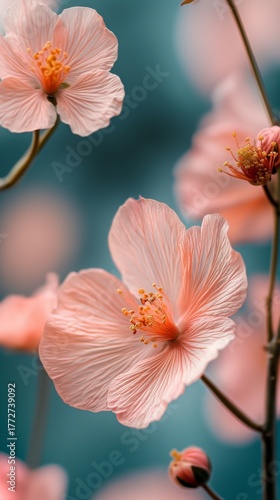Close-up macro view of delicate pink flowers showing detailed petals and prominent golden stamens, contrasted against a lush, deep teal background with soft bokeh effects