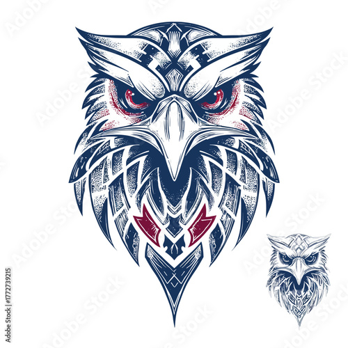 Fierce owl head illustration with detailed stylized feathers and intense red eyes, a powerful nocturnal bird mascot or tattoo design.