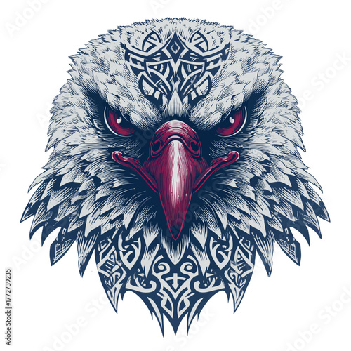 Detailed eagle head illustration with intricate Celtic knotwork patterns, fierce red eyes, and a powerful symbolic design.