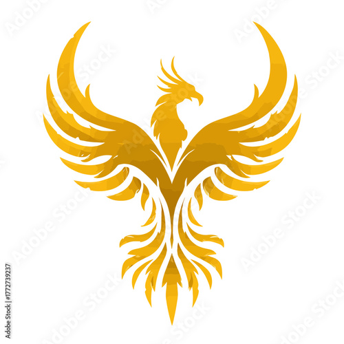 Golden Mythical Phoenix Bird Rising with Open Wings, Abstract Fire Symbol of Rebirth, Power, and Eternal Strength