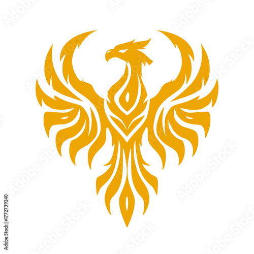 Stylized Golden Phoenix mythical bird illustration. Abstract emblem of strength, power, rebirth, and triumph. Vector graphic design.