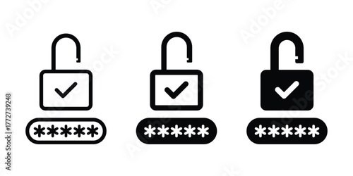 Security icon. Password icon. Open padlock with password input and check mark for digital access. Unlocked padlock icon