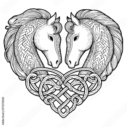 Intricate Celtic knotwork horse heads forming a heart shape, black and white illustration, mythical equine art, tribal fantasy design