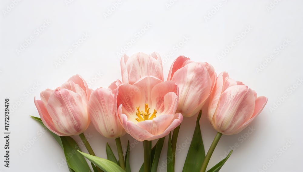 Fototapeta premium White backdrop with blooming tulip petals