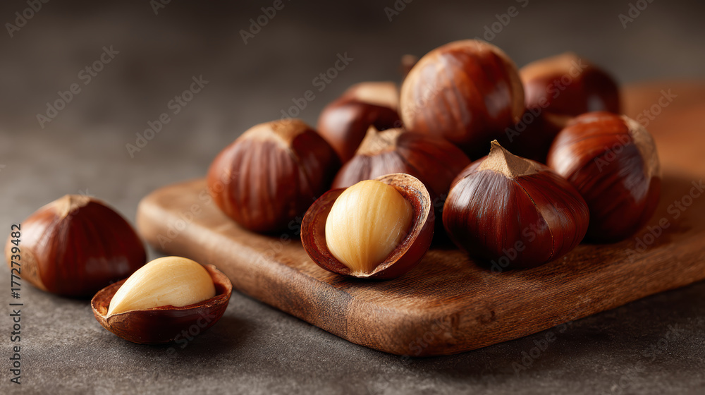 Obraz premium Warm roasted chestnut healthy brown food nut snack on wood board. simple and comforting gourmet treat for autumn season cooking