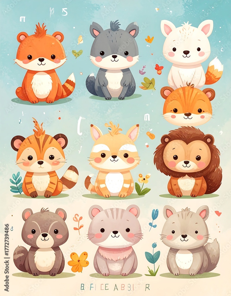 Obraz premium Adorable cartoon collection featuring nine diverse and cheerful forest creatures