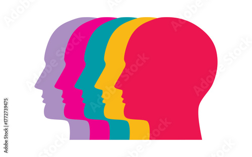 Vector illustration of colorful overlapping human head silhouettes in vibrant colors representing diversity teamwork and multiple perspectives concept