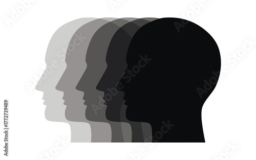 Vector illustration of monochrome overlapping human head silhouettes in gray colors representing diversity teamwork and multiple perspectives concept