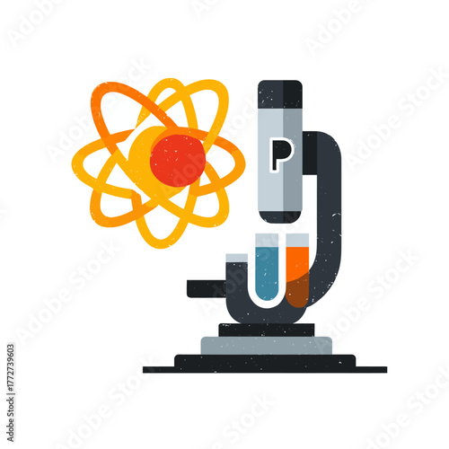 Microscope, test tubes, and abstract atom icon symbolizing scientific research, chemistry, physics, and laboratory discovery concept illustration.