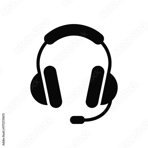 Black headset icon with microphone for customer service on white background