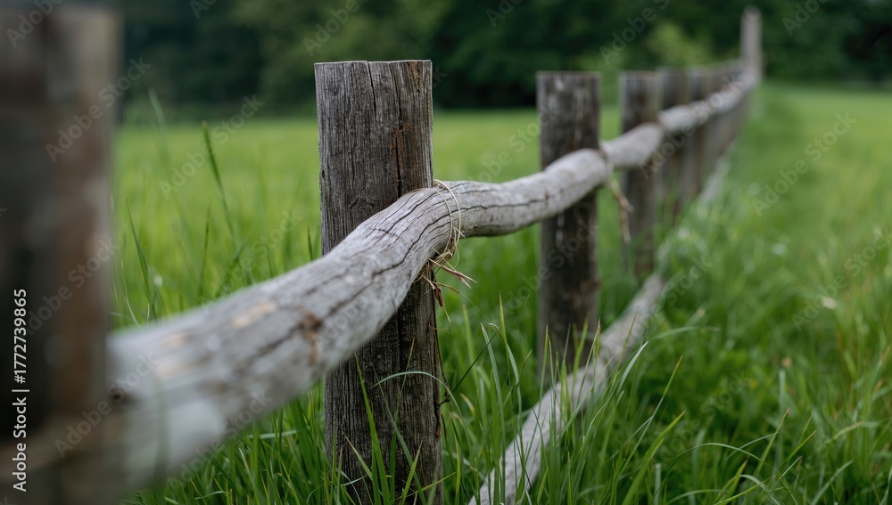 Fototapeta premium Detailed shot of an aged wooden barrier amidst vibrant foliage, illustrating a peaceful rural scene.