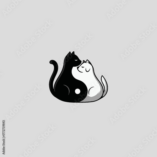 Black and white cats illustration forming a stylized yin yang symbol, representing harmony, balance, and duality