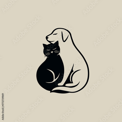 Harmonious stylized illustration of a dog and cat cuddling, representing pet friendship, companionship, and yin yang balance.