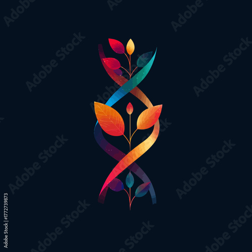 Vibrant abstract botanical DNA double helix, symbolizing genetics, natural evolution, and organic growth with colorful plant leaves.